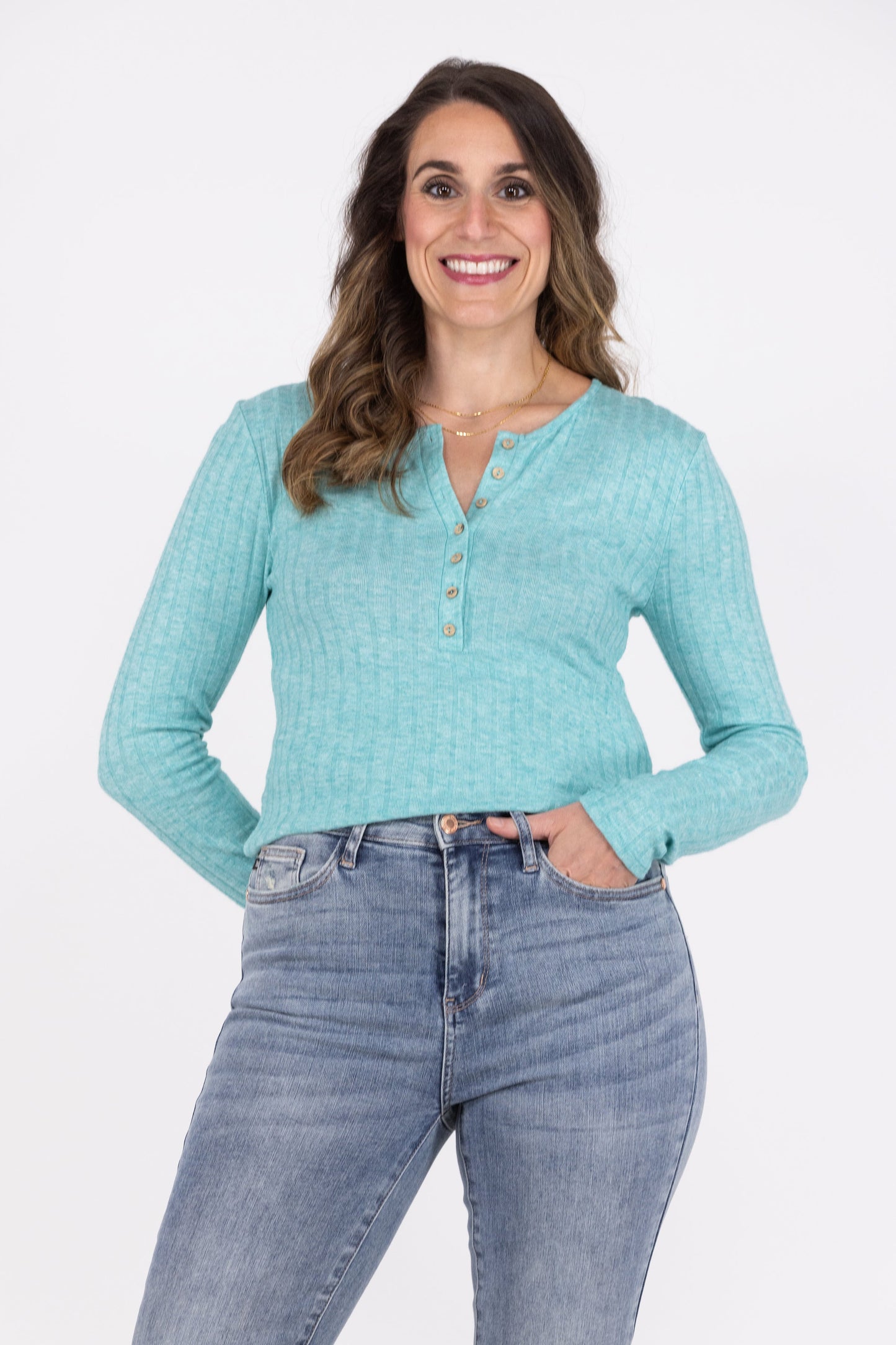 Make Your Choice Women's Half Button Down Ribbed Long Sleeve Top
