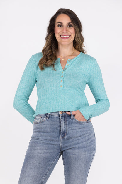 Make Your Choice Women's Half Button Down Ribbed Long Sleeve Top