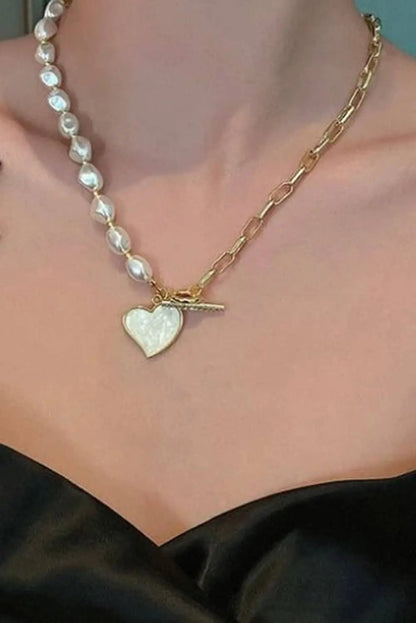 Heart Pendant Rhinestone Decor Pearl Chain Necklace