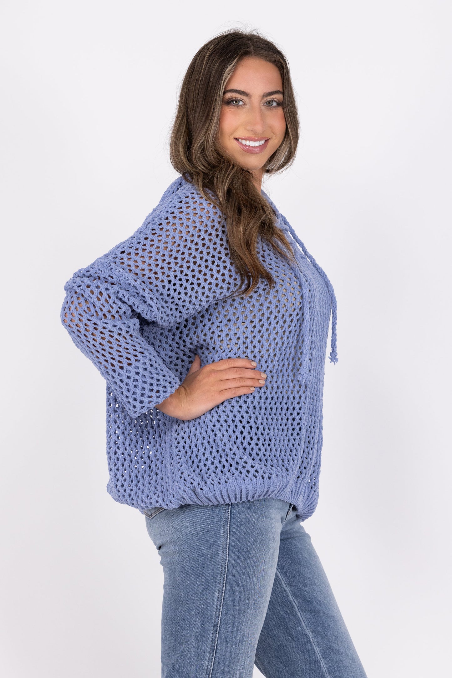 Lace up Women's Lightweight Open Knit Hooded Sweater