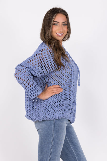 Lace up Women's Lightweight Open Knit Hooded Sweater