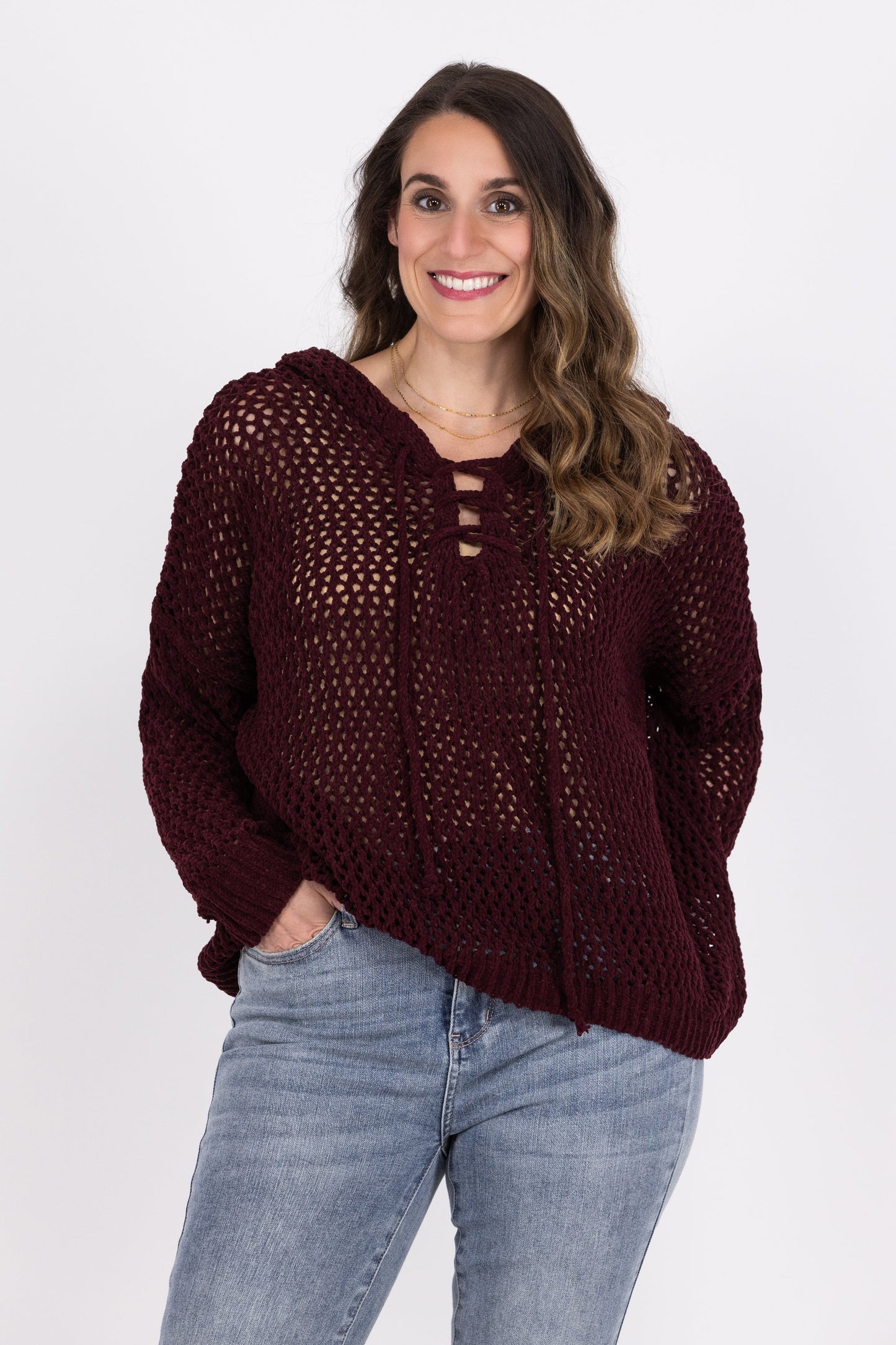 Lace up Women's Lightweight Open Knit Hooded Sweater