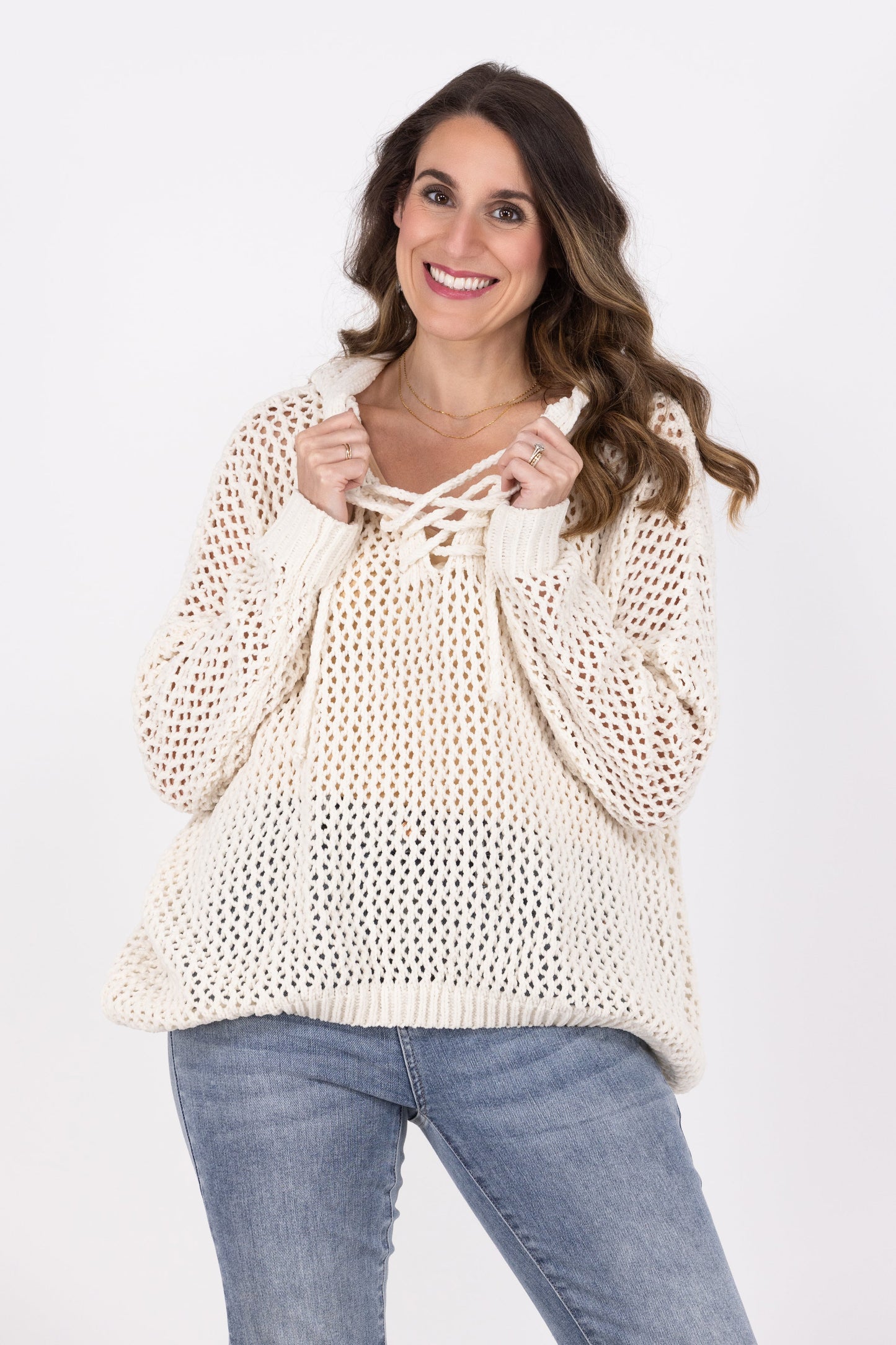 Lace up Women's Lightweight Open Knit Hooded Sweater