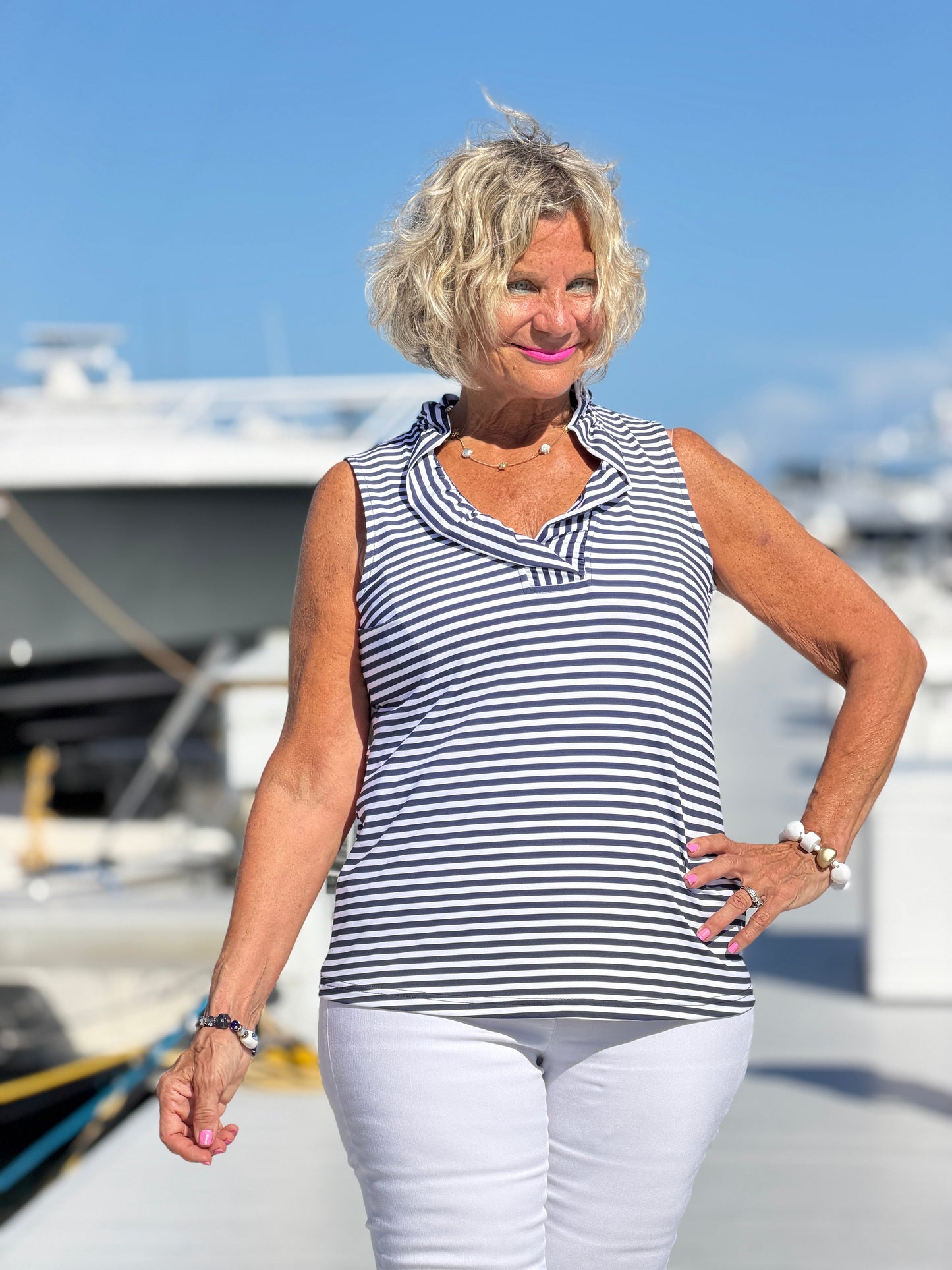 DOCKSIDE NAVY RUFFLE TOP