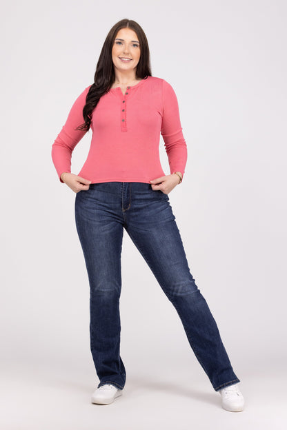 Won't Say it Twice Women's Ribbed Henley Long Sleeve Top