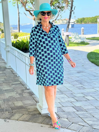 BLUE MEDALLION SLEEVE RUFFLE NECK DRESS