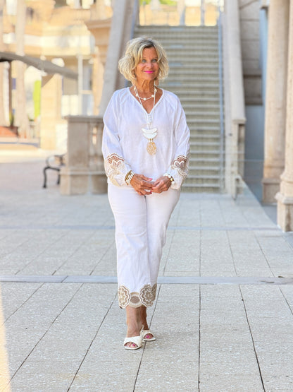 Embroidered Linen Blend Blouse - White