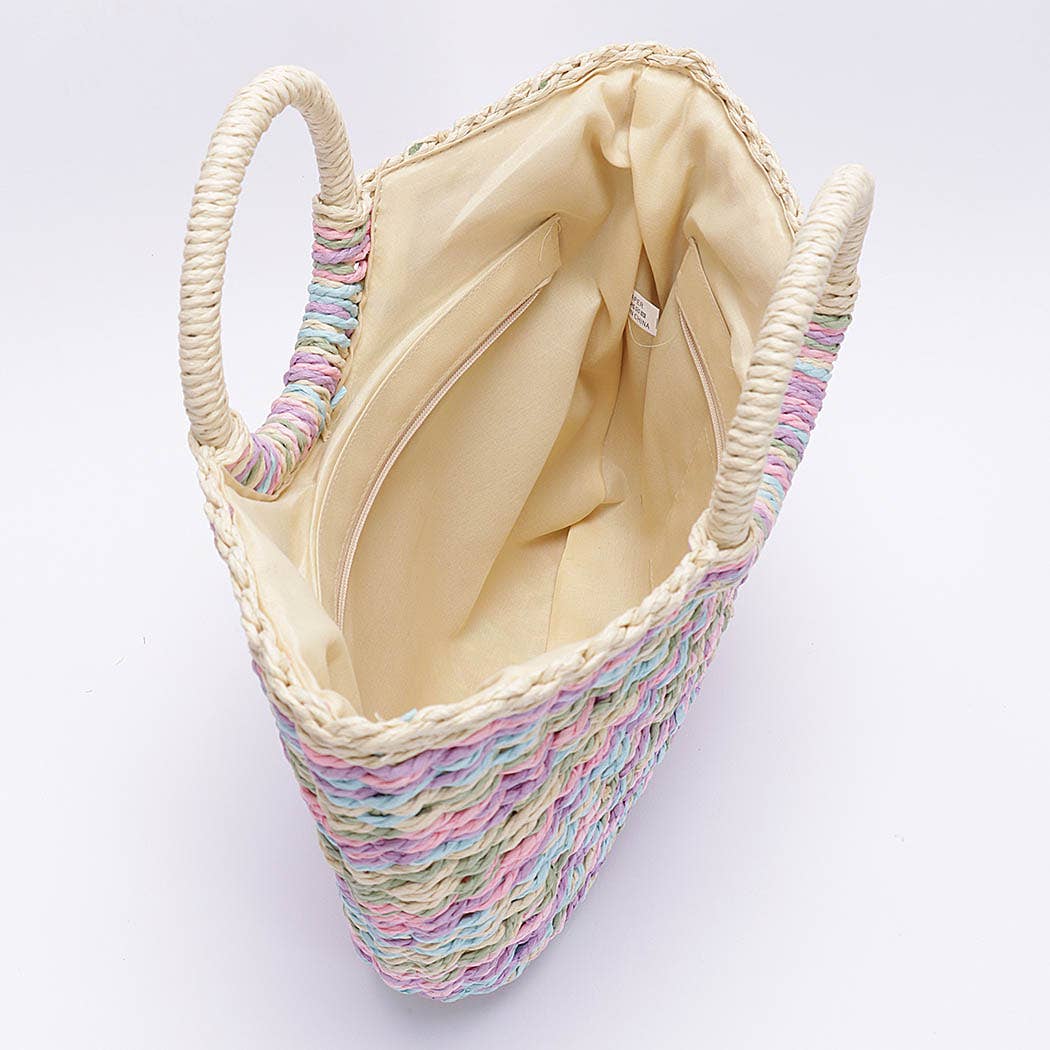 Faux Straw Multi Color Round Handle Tote Bag