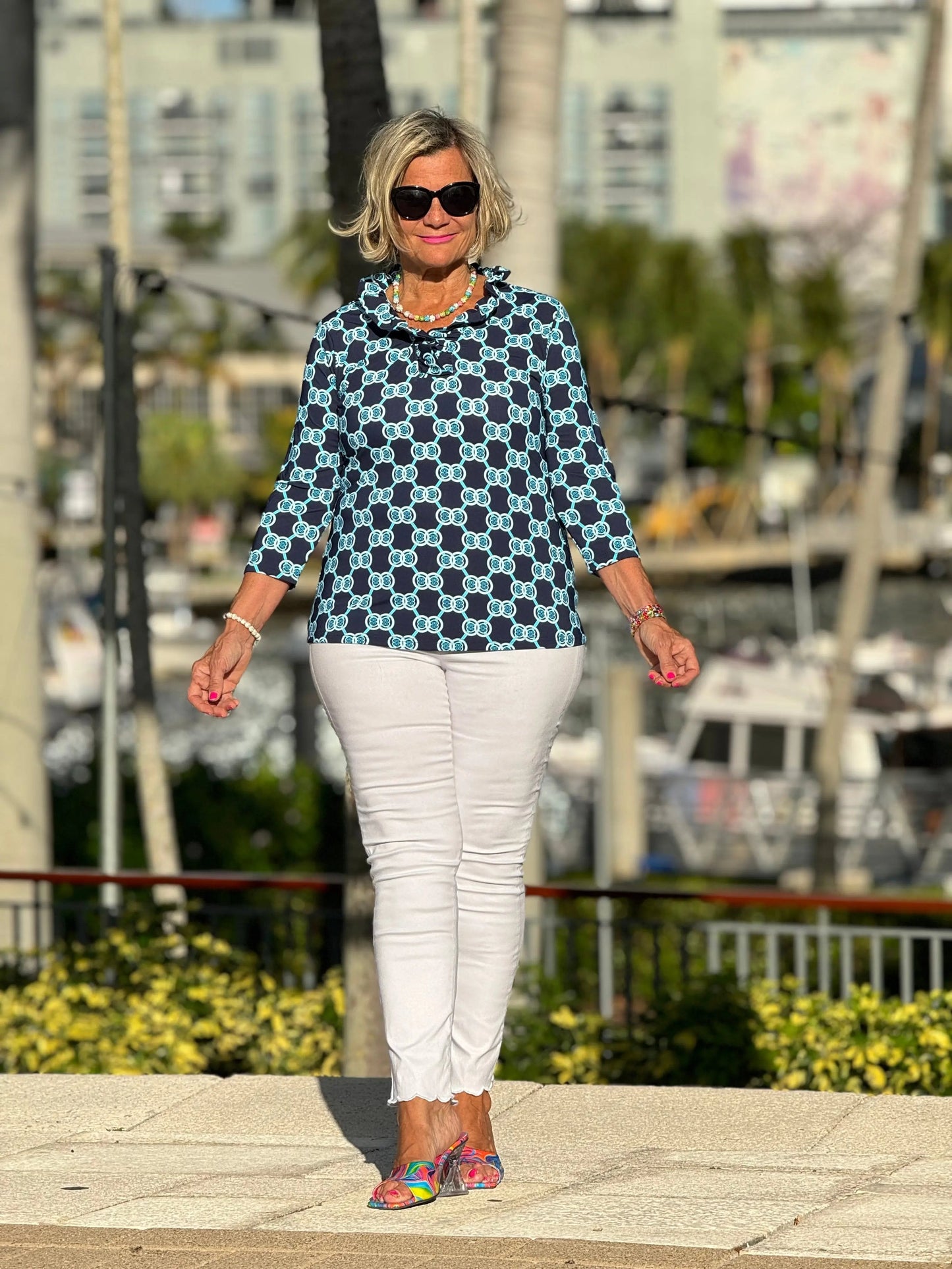 BLUE MEDALLION RUFFLE SLEEVE TOP