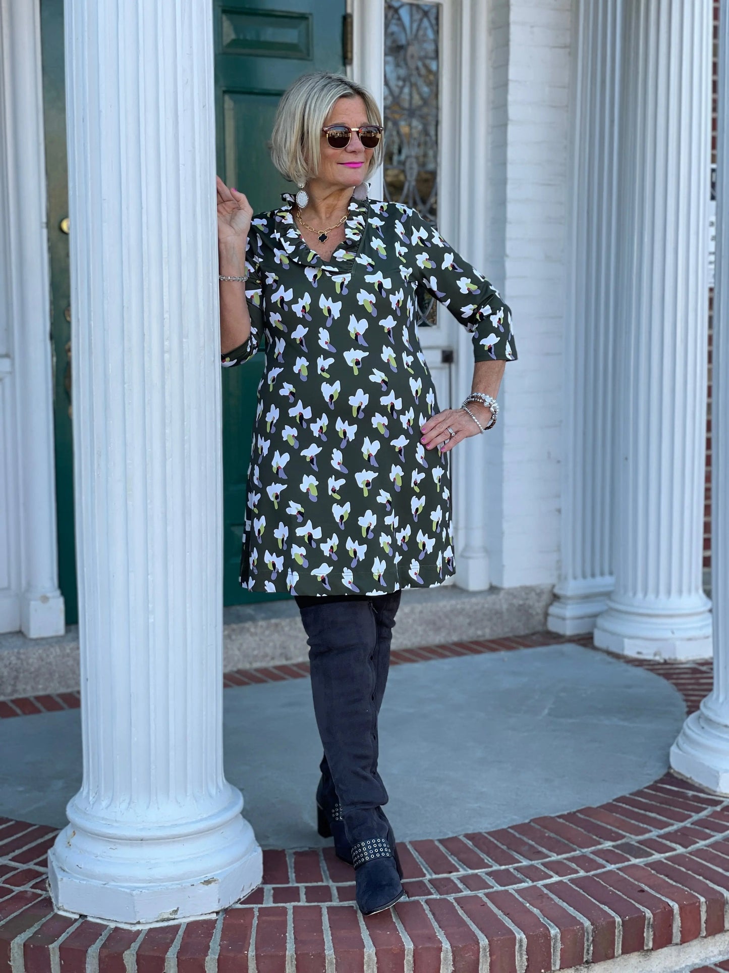 GREEN DREAMING RUFFLE NECK DRESS