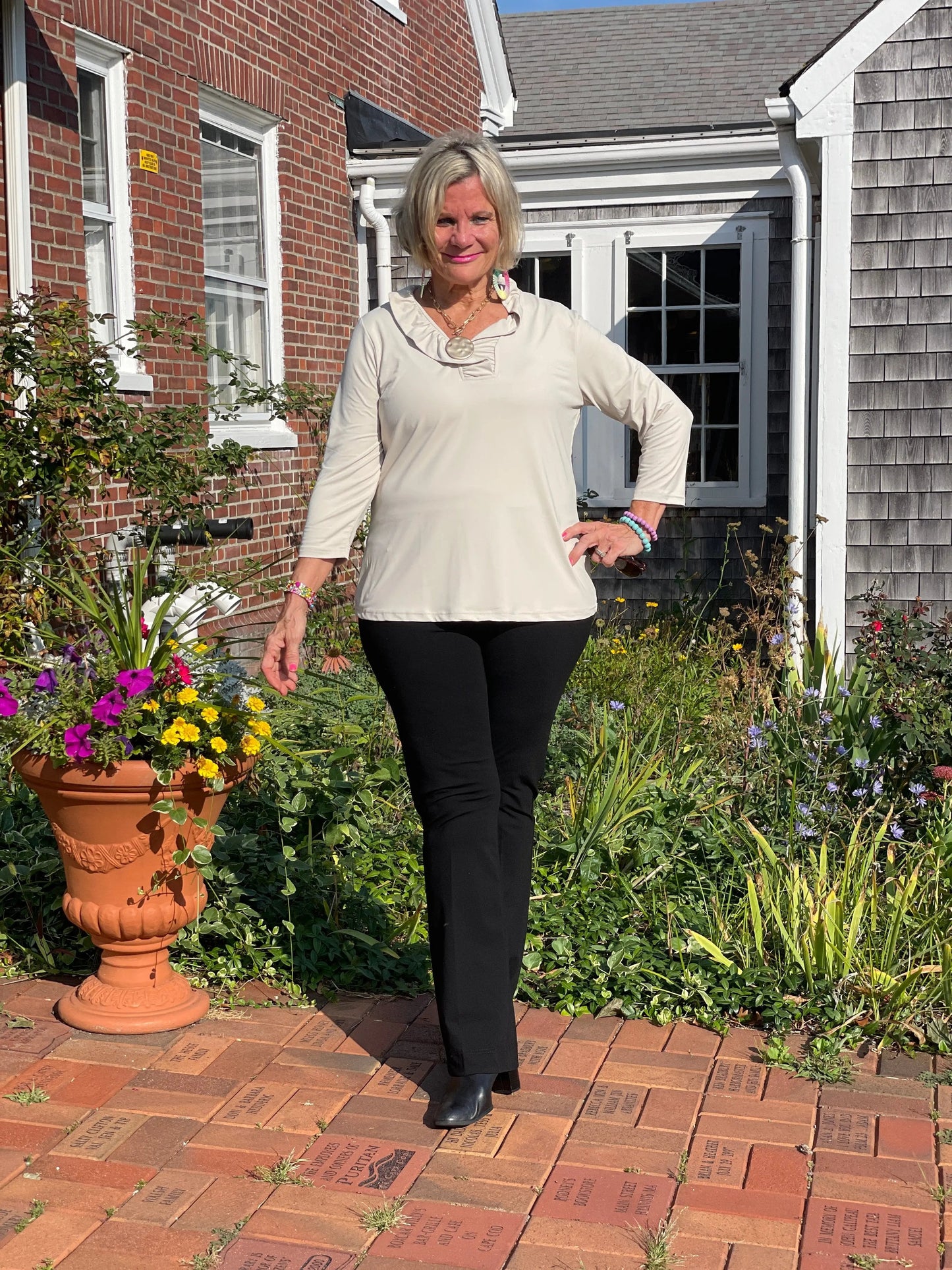 LULU-B SOLID STONE RUFFLE TOP