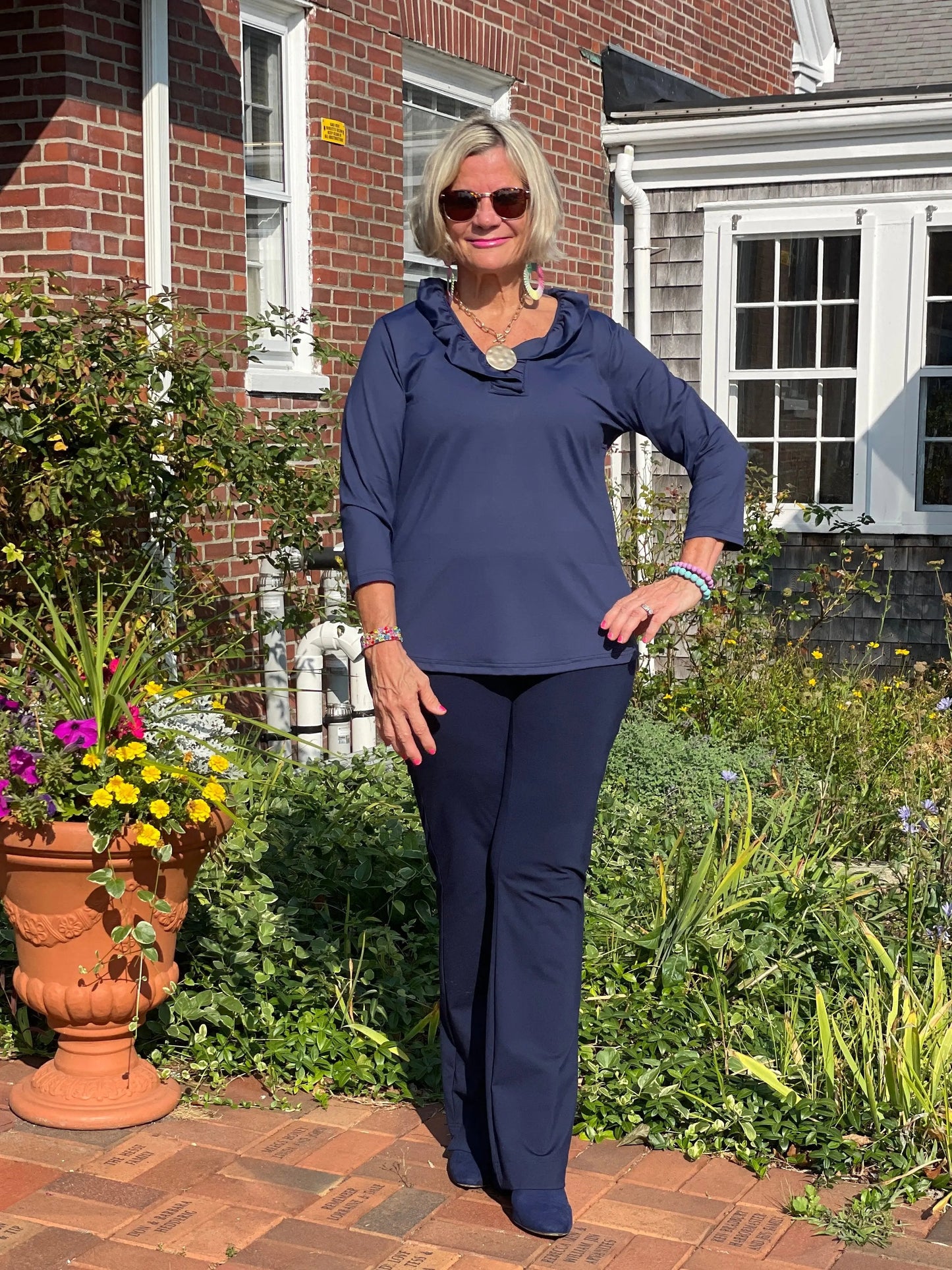 LULU-B NAVY SOLID RUFFLE TOP