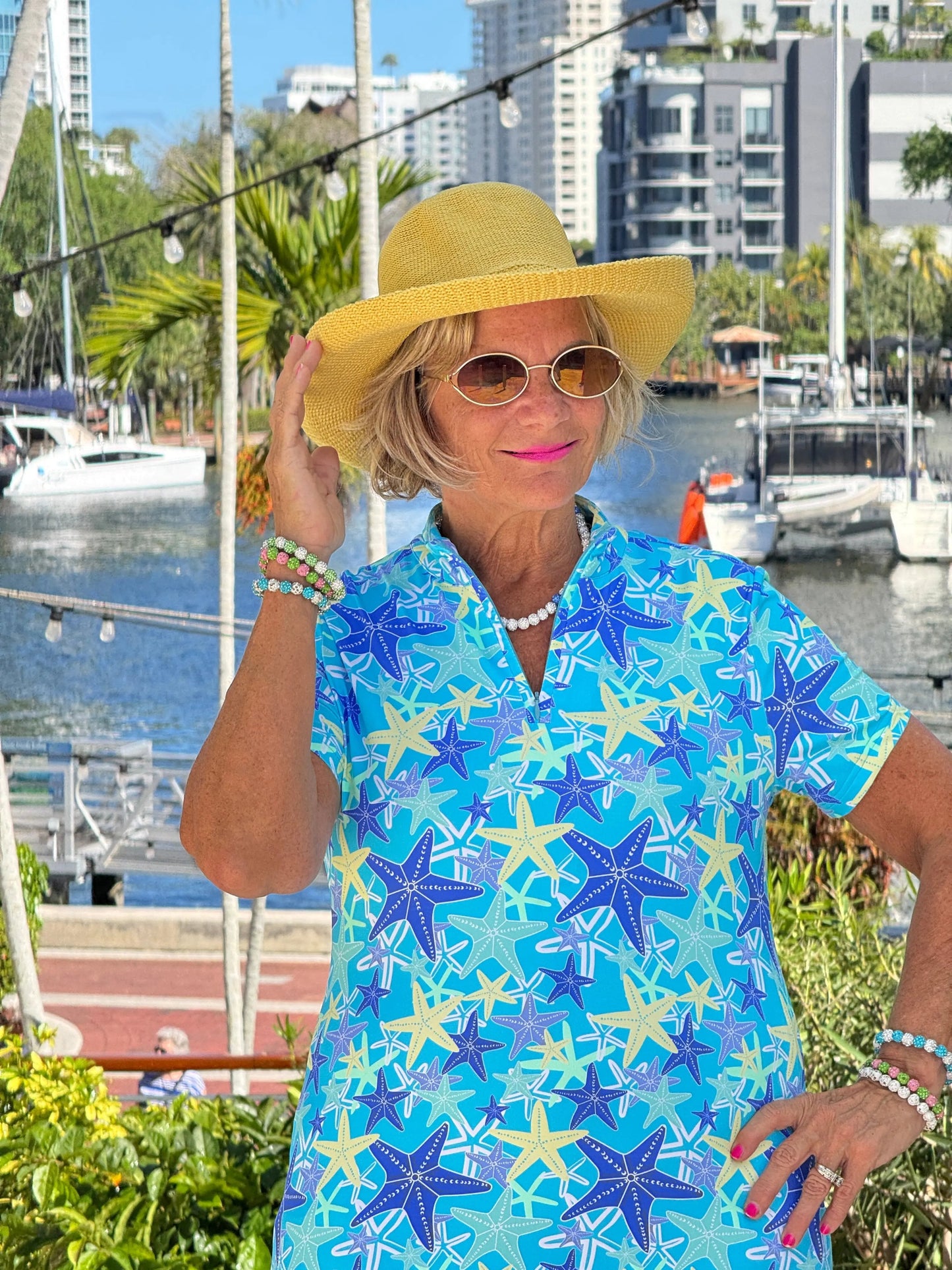 LULU B STARFISH SPLASH HALF ZIPPER SHORT SLEEVE DRESS