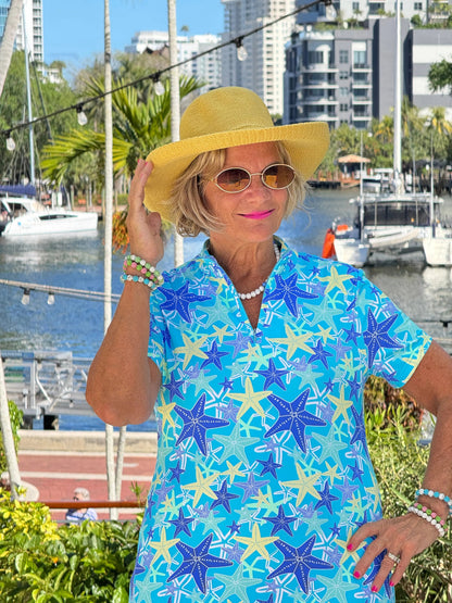 LULU B STARFISH SPLASH HALF ZIPPER SHORT SLEEVE DRESS