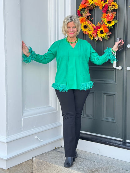LULU-B EMERALD CASHMERE FRINGE FANCY CARDIGAN