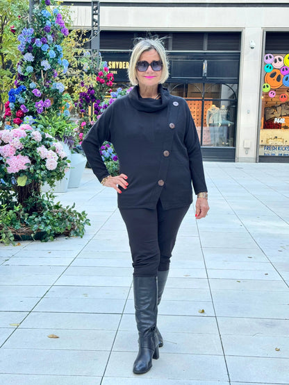 LULU-B BLACK BUTTON ASYMMETRICAL SWEATER