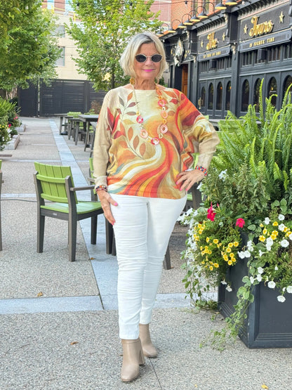 Cream Fall Leaves Round Neck Knit Printed Sweater