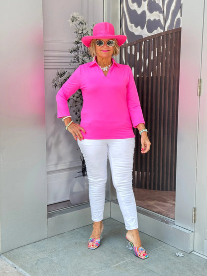 LULU-B SOLID HOT PINK COLLAR SLEEVE TOP