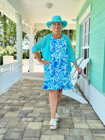 BLUE DREAMING HEARTS  HALTER RUFFLE DRESS