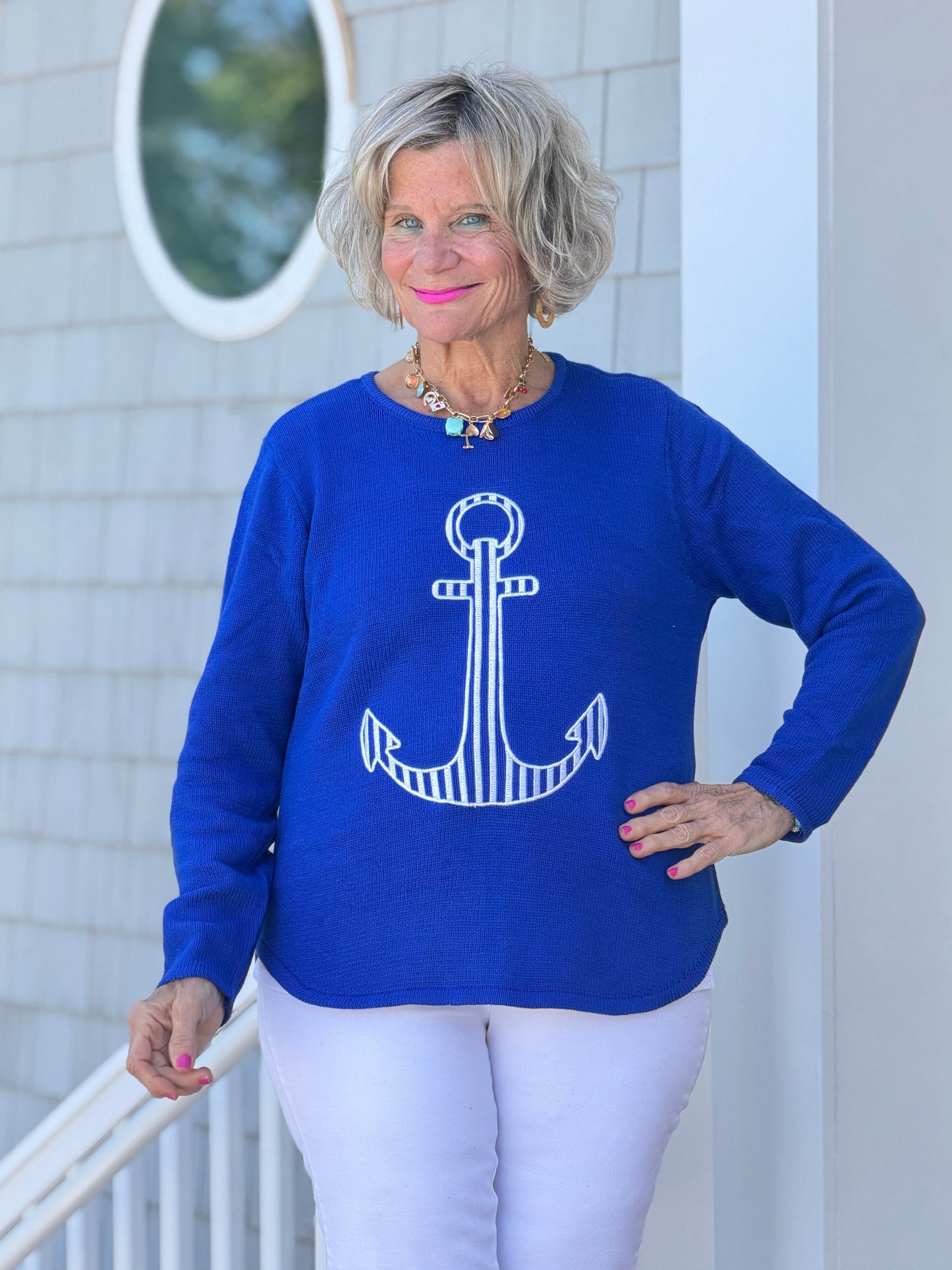 DOCKSIDE NAUTICAL COBALT STRIPE ANCHOR SWEATER