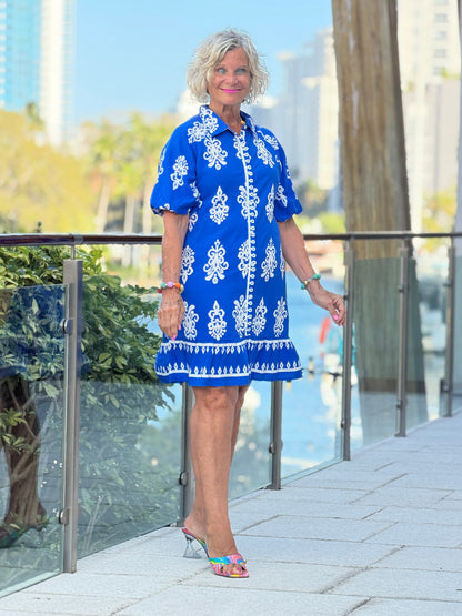 Geometric Collar Button Front Short Puff Sleeve Mini Dress