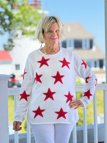 LULU B DOCKSIDE WHITE RED STAR FUZZY SWEATER