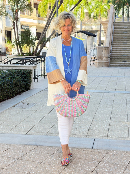 Faux Straw Multi Color Round Handle Tote Bag