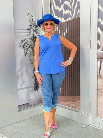 BLUE SLEEVELESS V-NECK TOP