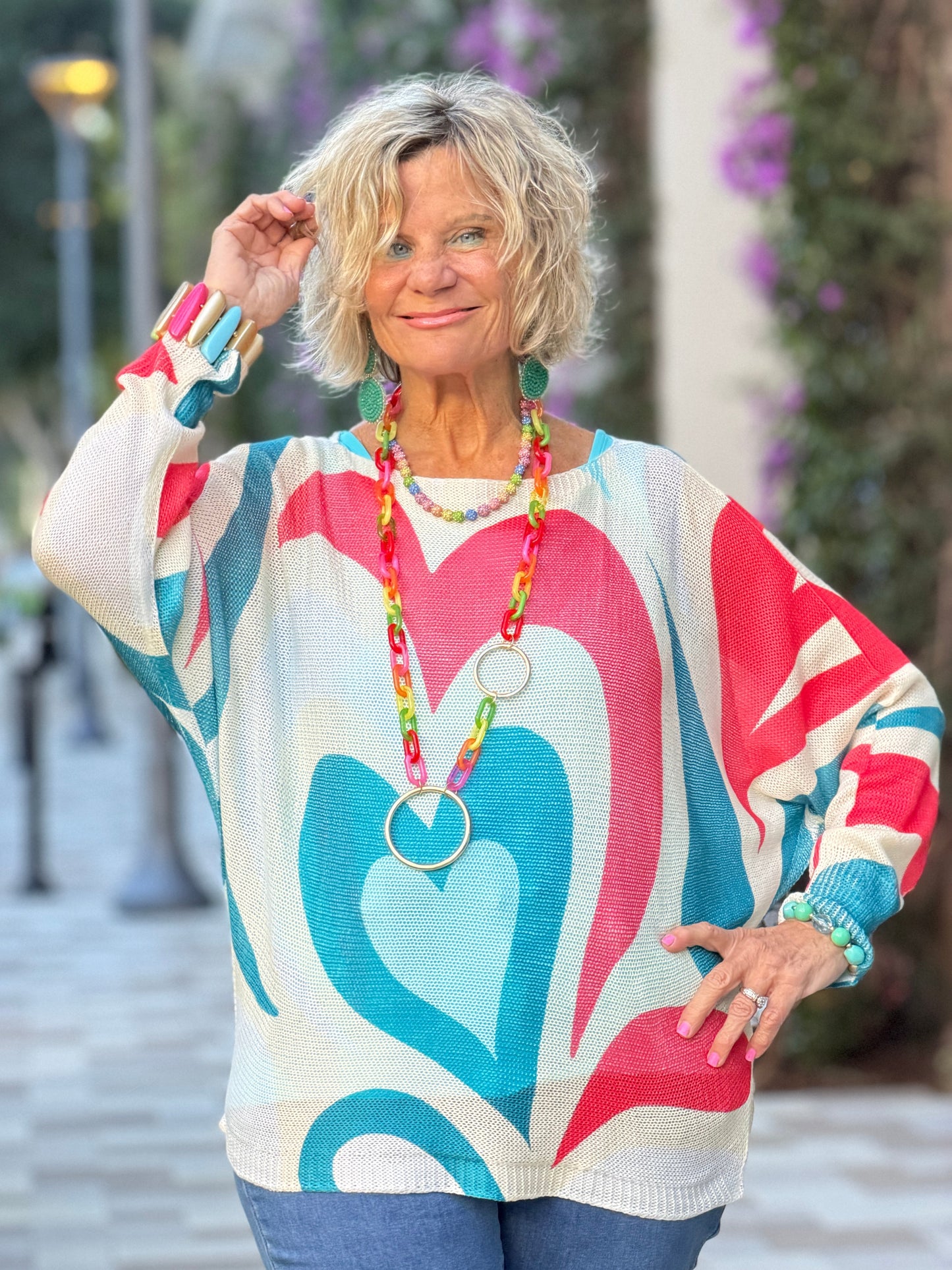 Beige Heart Round Knit Printed Sweater
