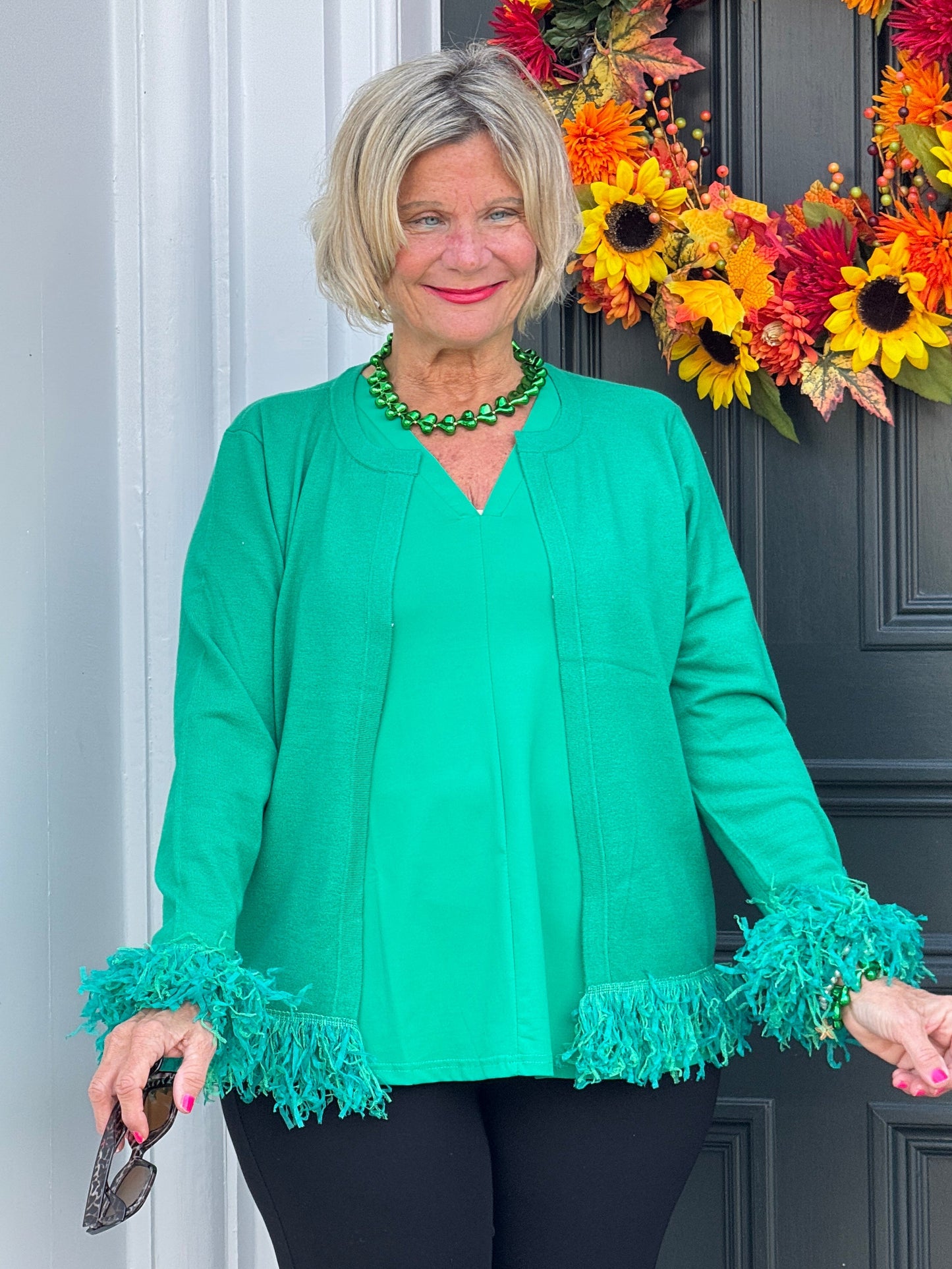 LULU-B EMERALD CASHMERE FRINGE FANCY CARDIGAN