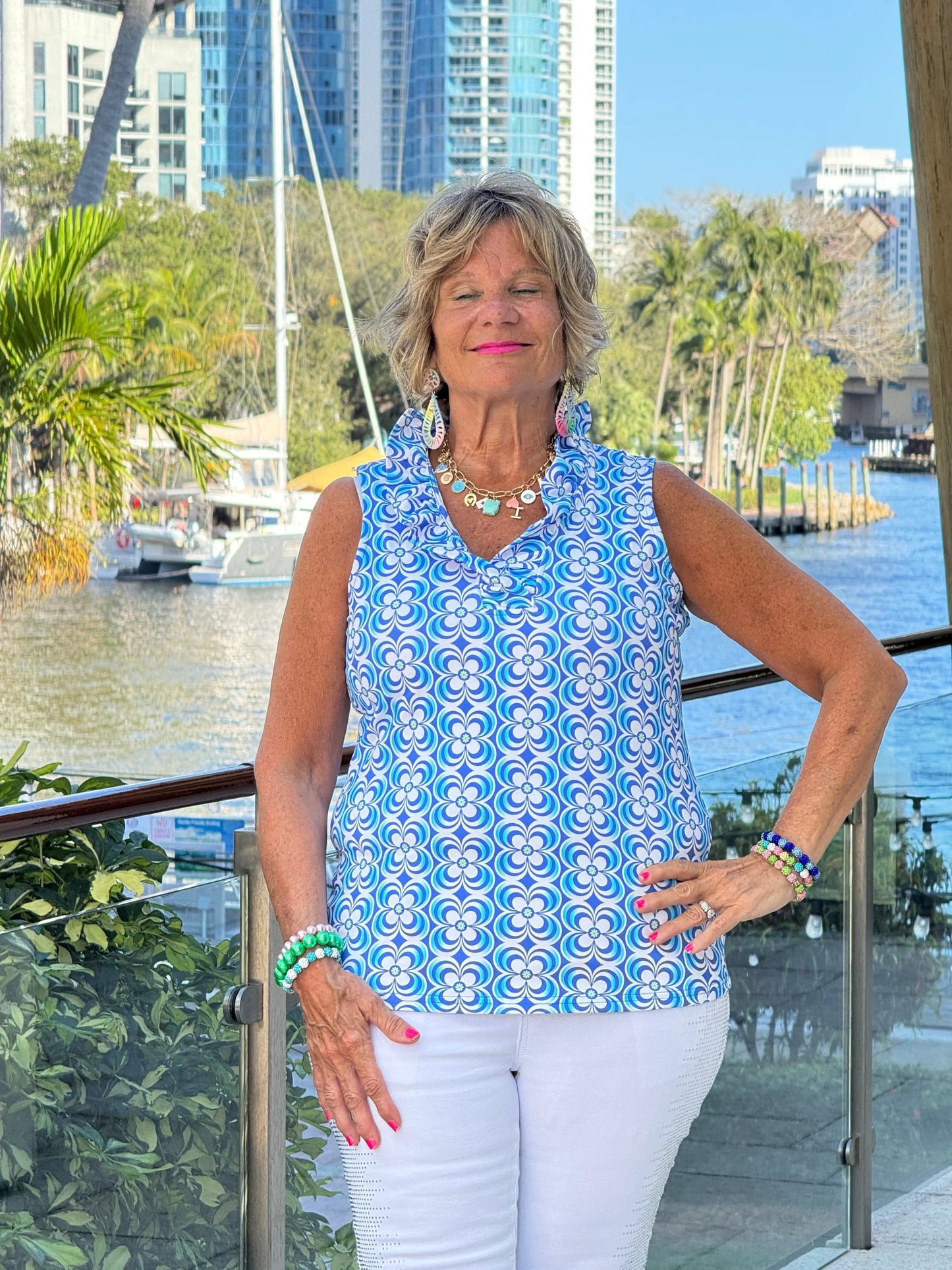LULU B COASTAL BLOOM SLEEVELESS RUFFLE TOP
