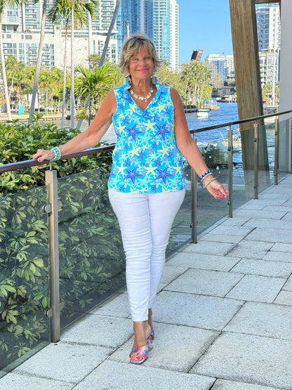 LULU B STARFISH SPLASH SLEEVELESS RUFFLE TOP