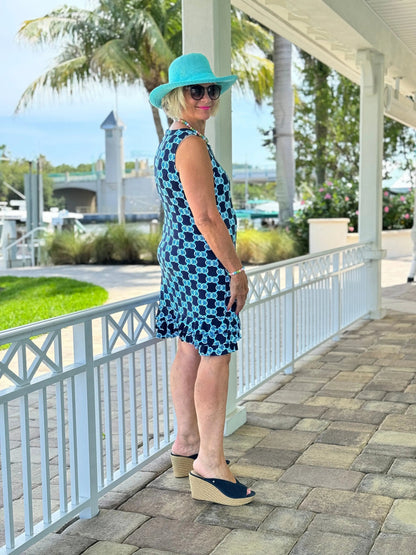 LULU B NAVY MEDALLION SHIFT RUFFLE DRESS