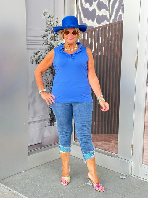 BLUE SLEEVELESS RUFFLE TOP