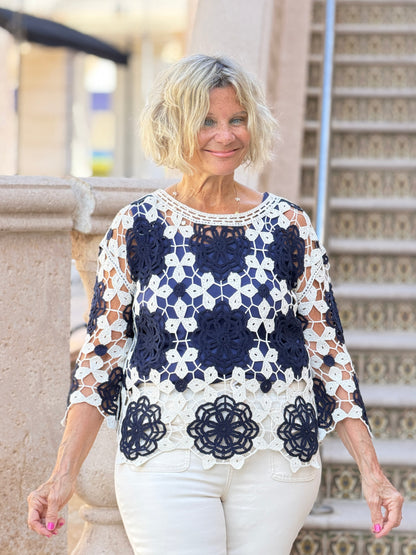 Cotton Crochet Flower Top- MARINE NAVY