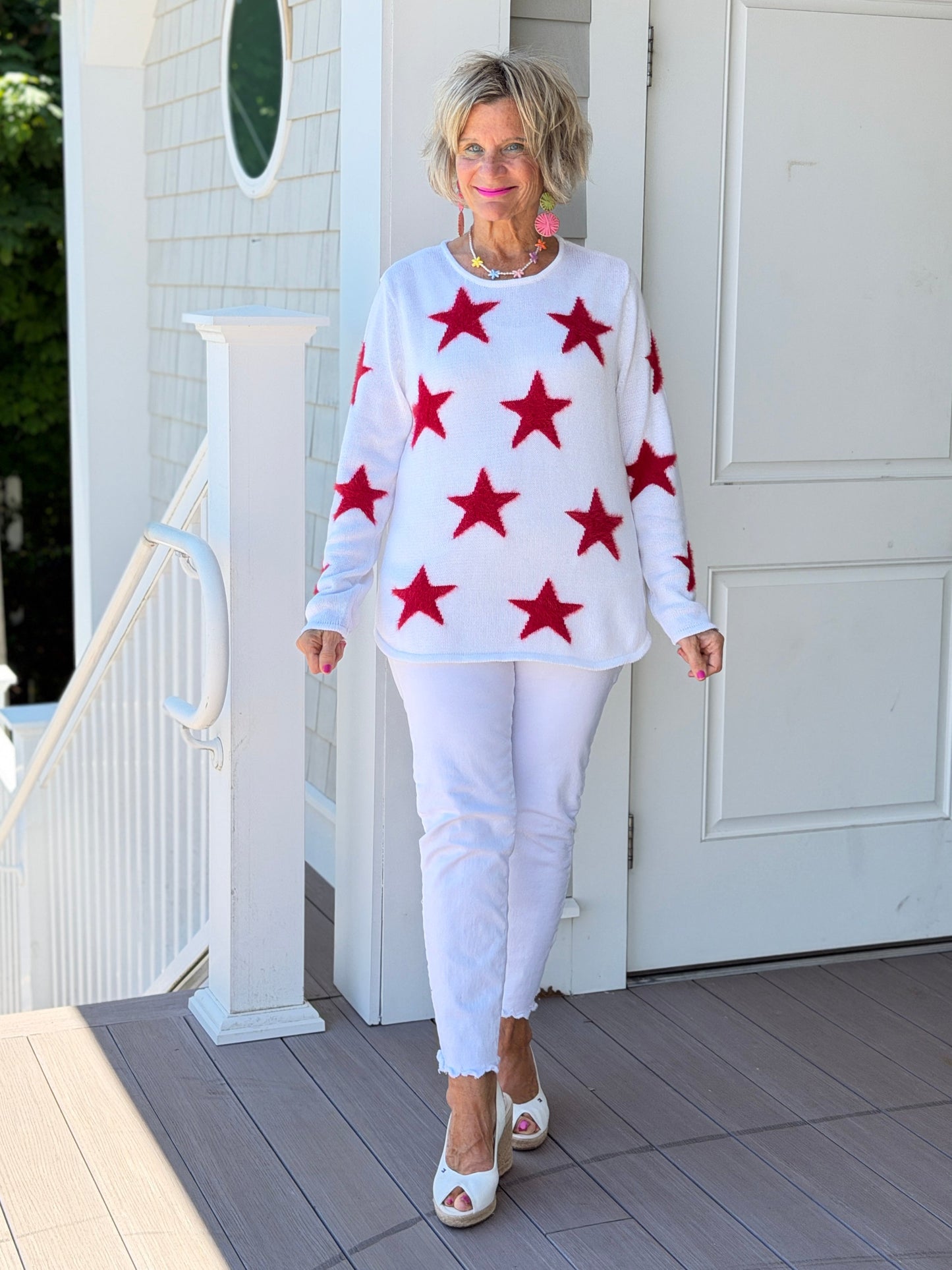 LULU B DOCKSIDE WHITE RED STAR FUZZY SWEATER