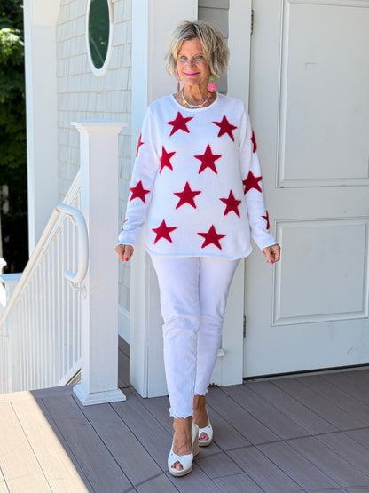 LULU B DOCKSIDE WHITE RED STAR FUZZY SWEATER