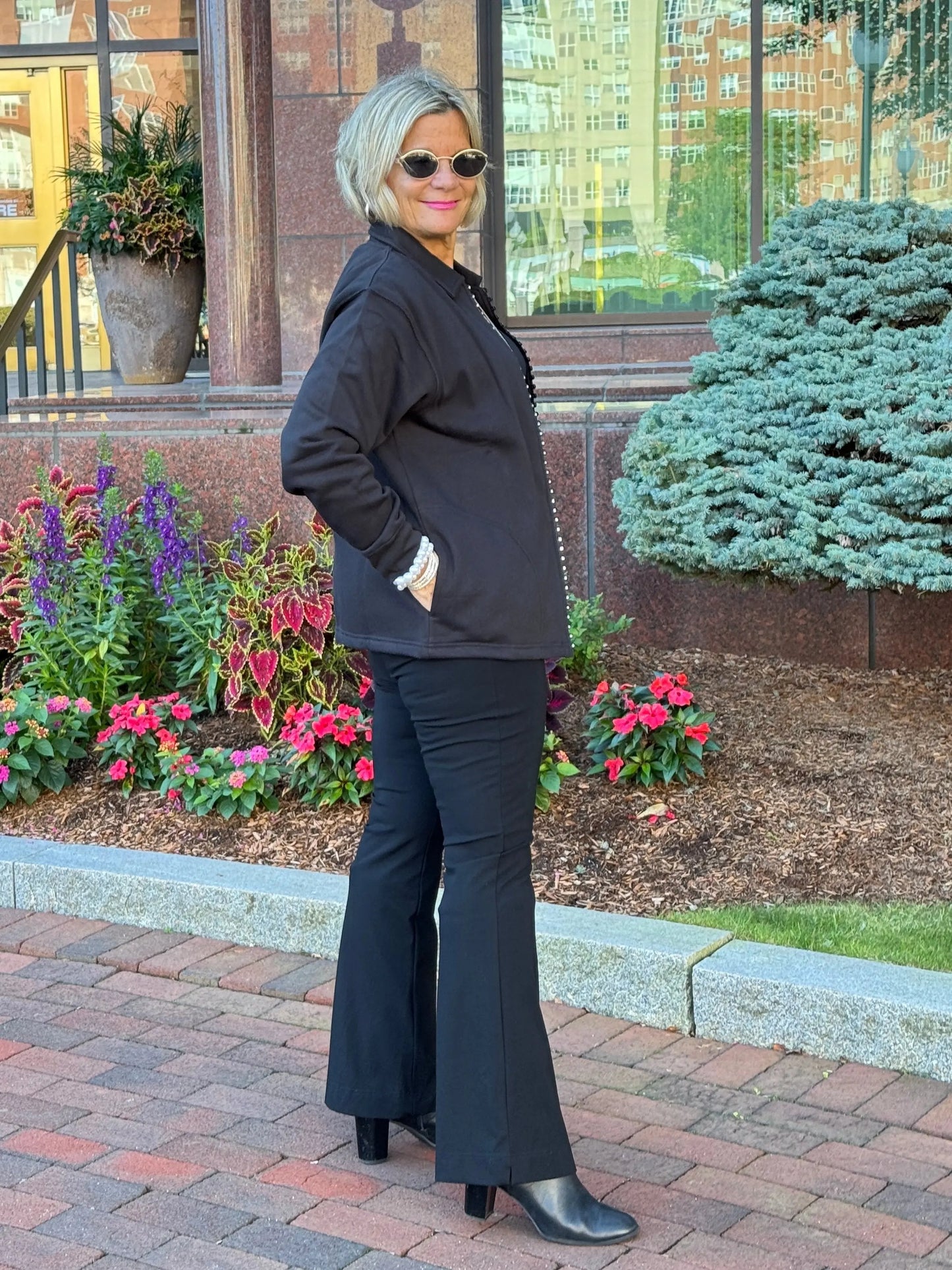 Crystal Zipper Cardigan with Collar Black