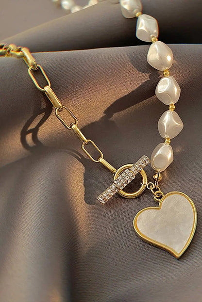 Heart Pendant Rhinestone Decor Pearl Chain Necklace