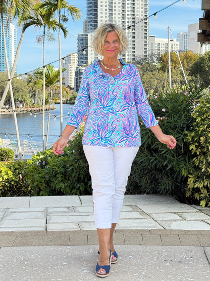 LULU B PALM ROYALE RUFFLE SLEEVE TOP