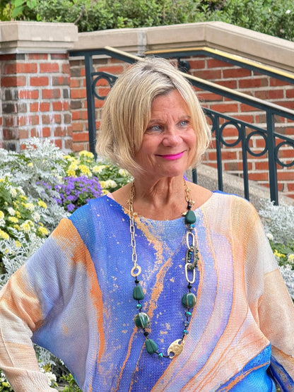 Blue Wavy Round Neck Knit Printed Sweater