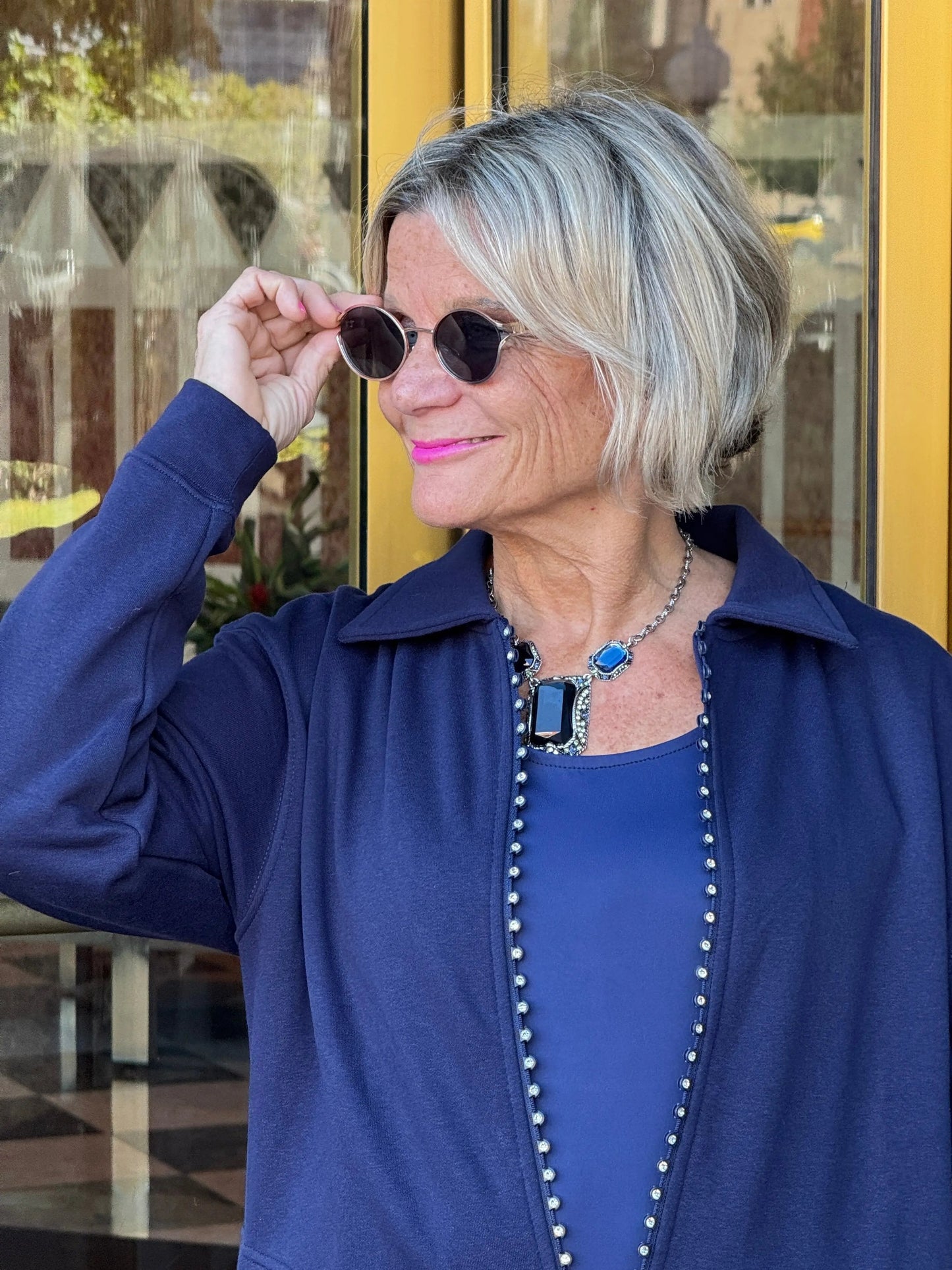 Crystal Zipper Cardigan with Collar Navy