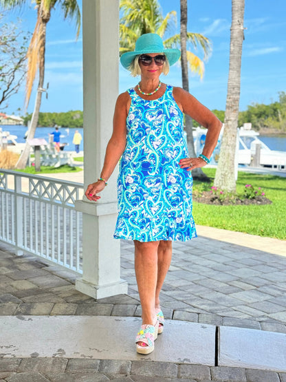 BLUE DREAMING HEARTS  HALTER RUFFLE DRESS