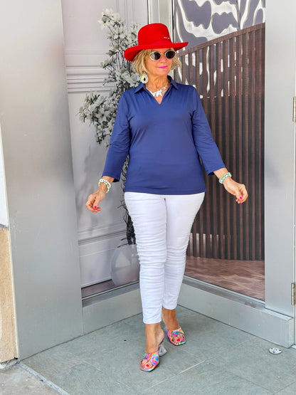 LULU-B SOLID NAVY COLLAR SLEEVE TOP