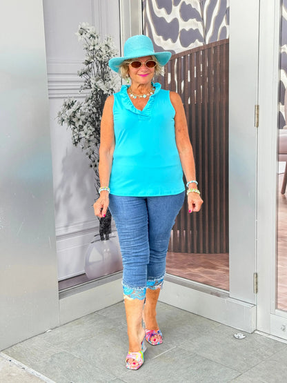 AQUA SLEEVELESS RUFFLE TOP