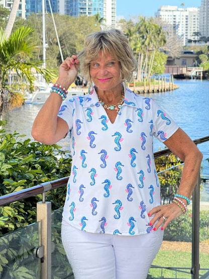 LULU B SHORELINE CHARM SHORT SLEEVE V-NECK COLLAR TOP