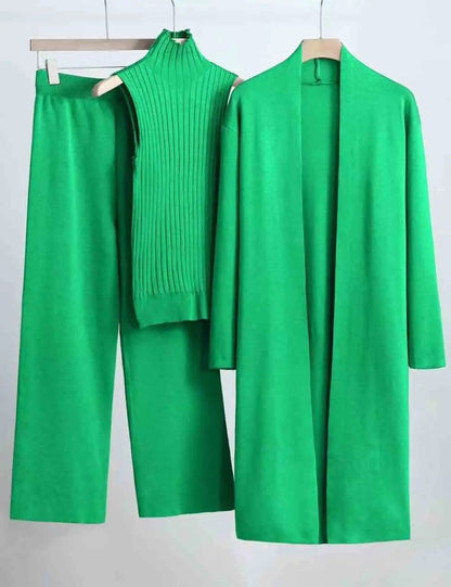 Ladies Solid Color Open Knit Cardigan & Pants 3PCS Set
