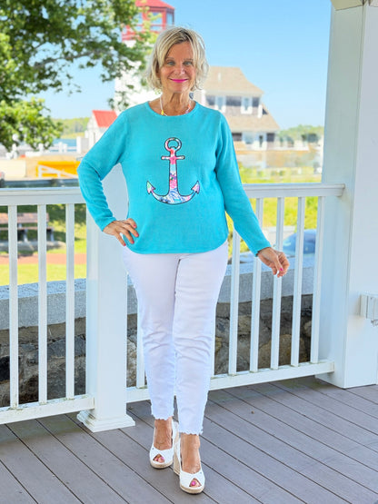BEACH CLUB AQUA CAPE COD ANCHOR SWEATER