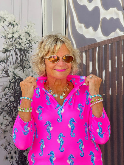 LULU B SEAHORSE BAY 3/4 SLEEVE V-NECK COLLAR SHIRT