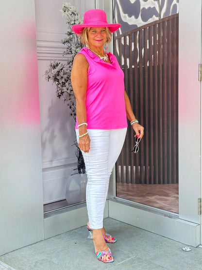 HOT PINK SLEEVELESS RUFFLE TOP